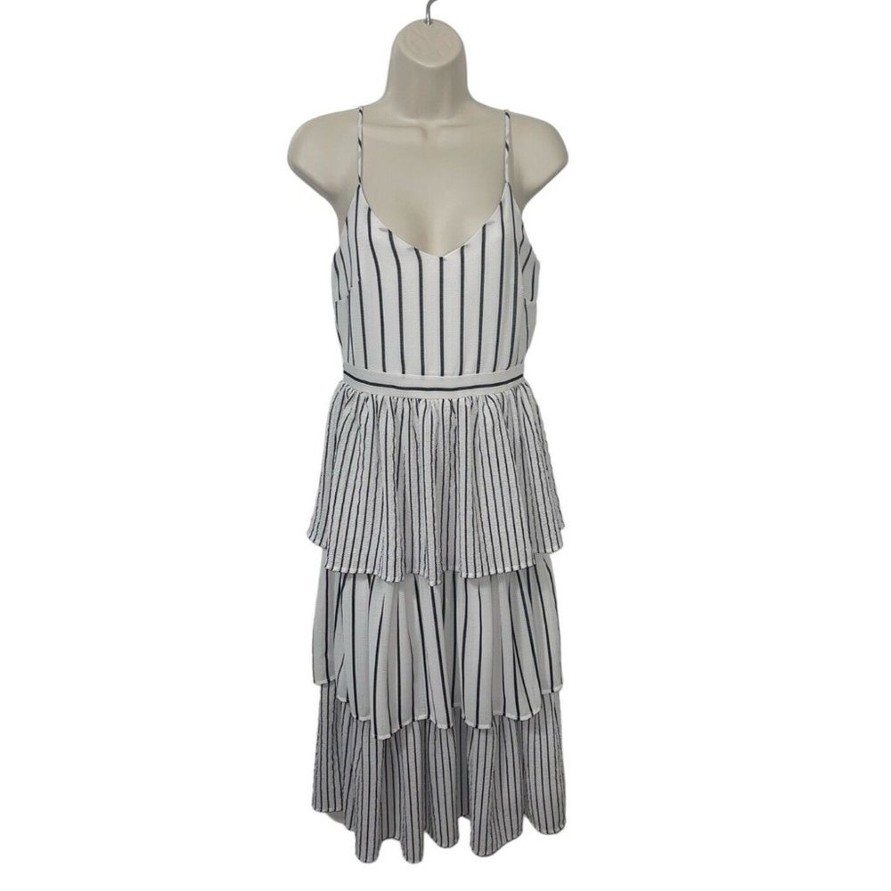 JUST ME Women's Size Small Black and Maxi Striped Tiered Maxi Dress …